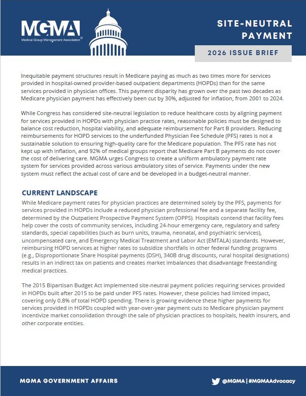 MGMA 2026 Site-Neutral Payment Position Paper