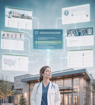 A doctor in front of a medical office, framed by various websites that help inform ChatGPT about the practice