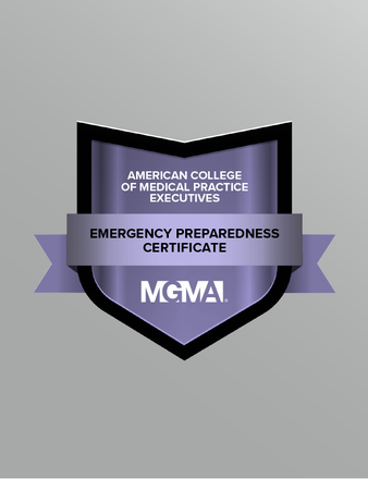 A graphic displaying a digital badge for the American College of Medical Practice Executives' Emergency Preparedness Certificate.