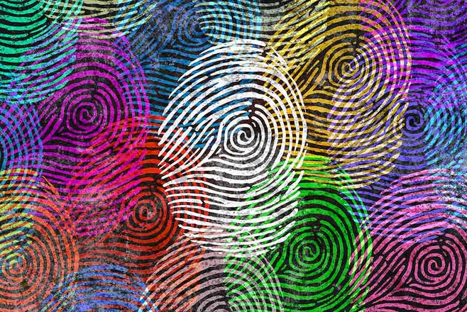 Multicolored fingerprints, representing different identities